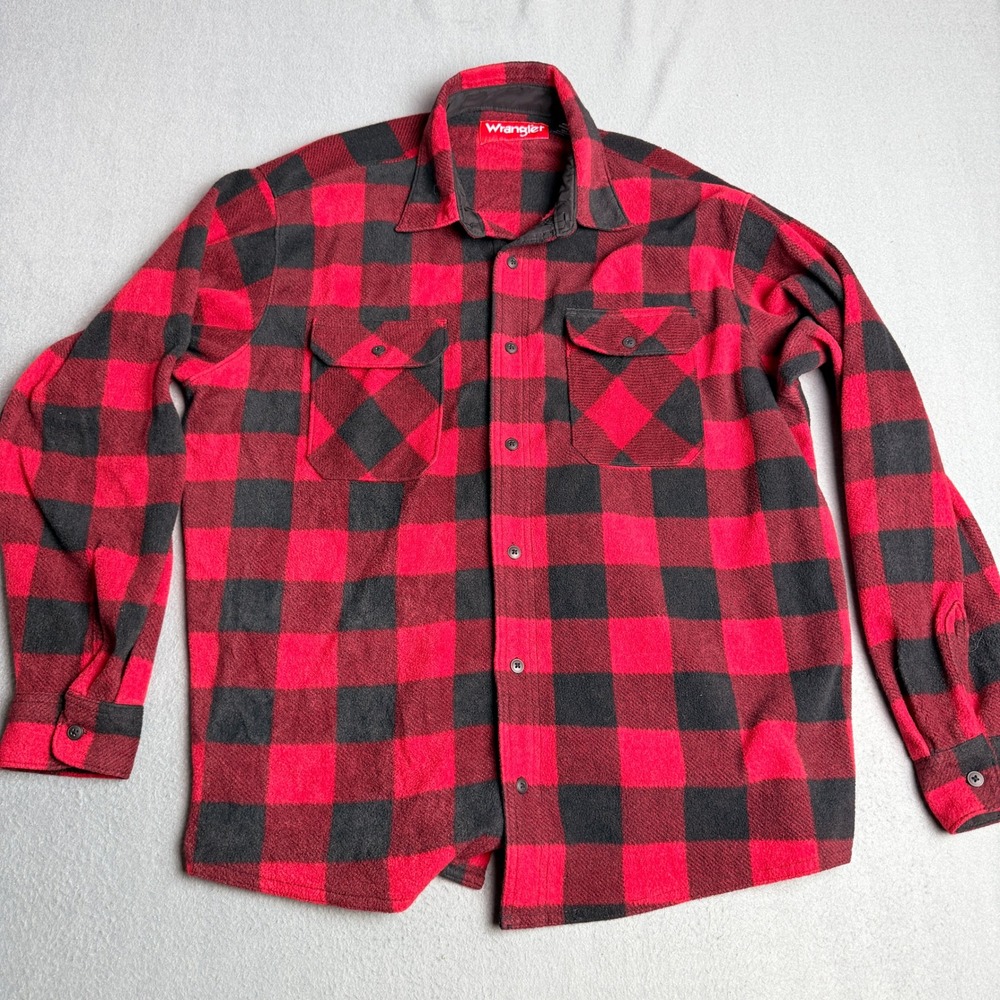 Wrangler‎ Mens XL Red Black Buffalo Plaid Fleece Button Down Shirt Jacket
